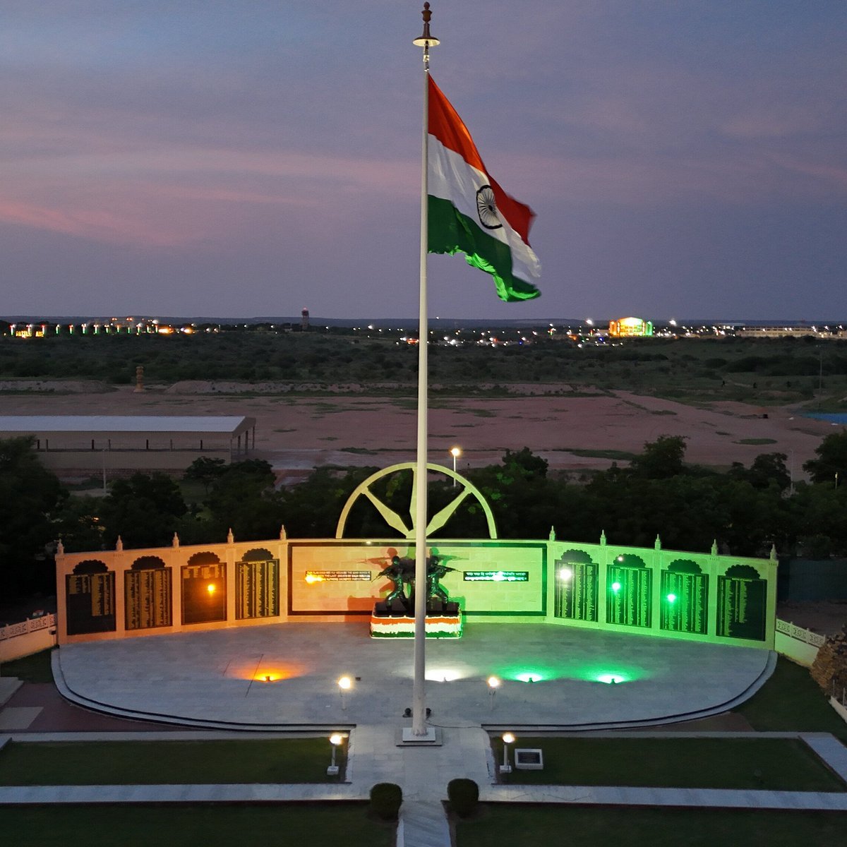 Illuminated national flag at Jaisalmer War Museum, Rajasthan, at dusk